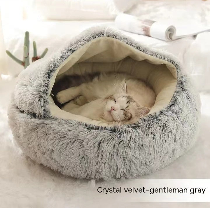 2-in-1 Plush Dog & Cat Winter Bed – Cozy Round Pet House for Warmth and Comfort