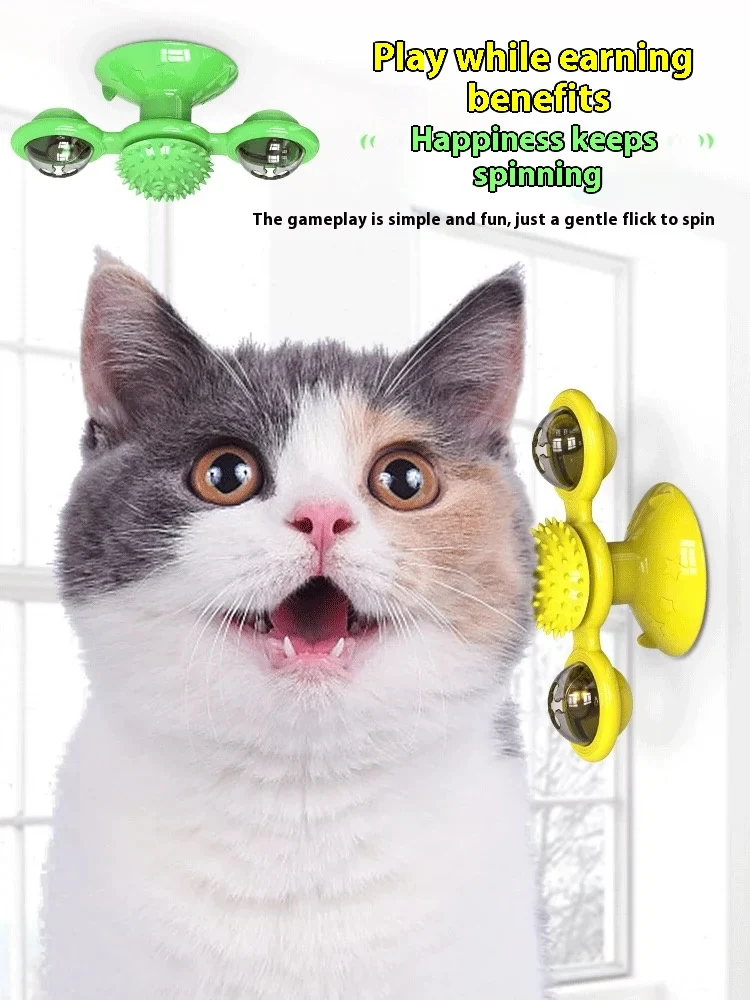 Cat Entertainment Set- Interactive Rotating Disk, Feather Teasers, Tumbler, Windmill Toy - Keeps Cats Active & Engaged