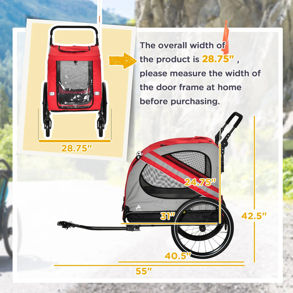 2-in-1 Pet Bike Trailer for Small Medium Dogs, Road-Visibility Dog Stroller Bicycle Carrier, Weather-Strong Bike Wagon Trailer Sidecar Attachment, Red