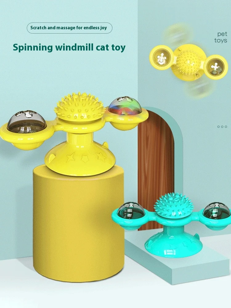 Cat Entertainment Set- Interactive Rotating Disk, Feather Teasers, Tumbler, Windmill Toy - Keeps Cats Active & Engaged