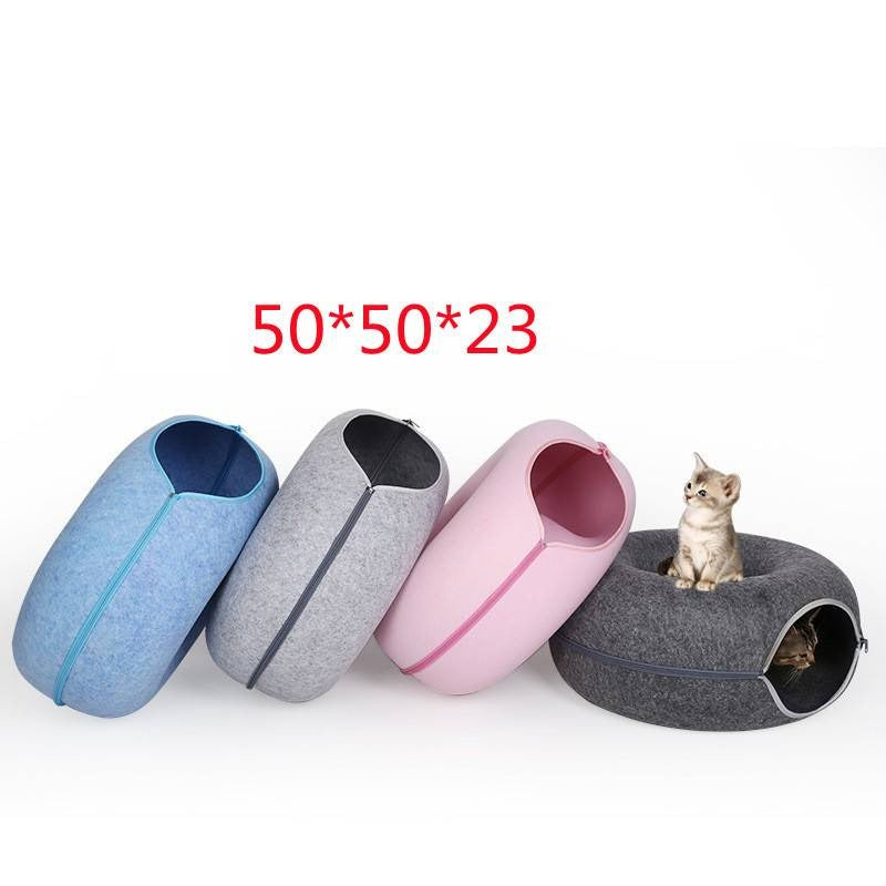 Donut Cat Tunnel Bed Pets House Natural Felt Pet Cat Cave Interactive Toys Round Wool Felt Pet Bed Cat Training Toy Cat House